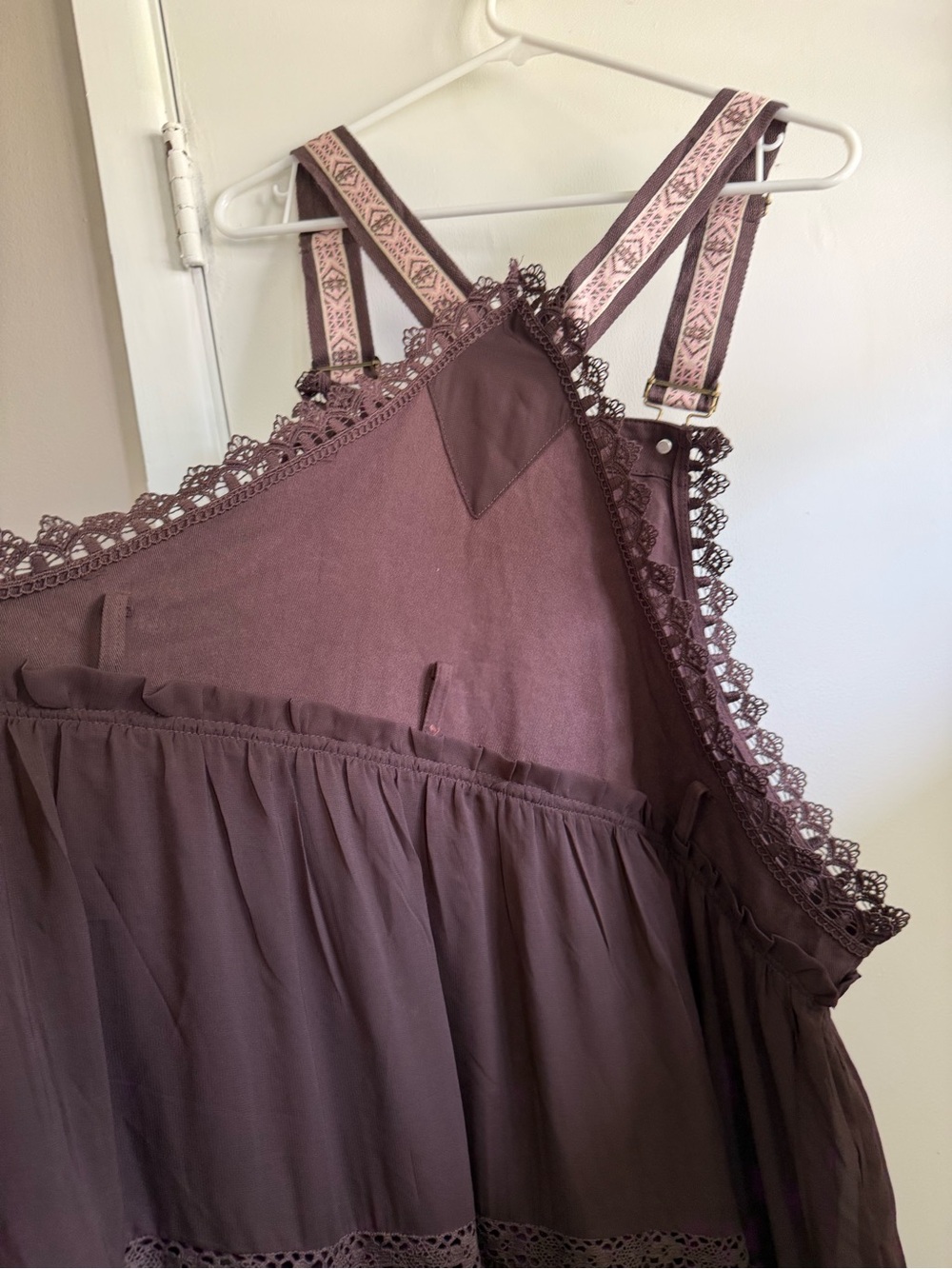 Ebossy Chocolate Brown Maxi Dress with Embroidered Bib, Lace Detail, Size XL - Picture 9 of 9